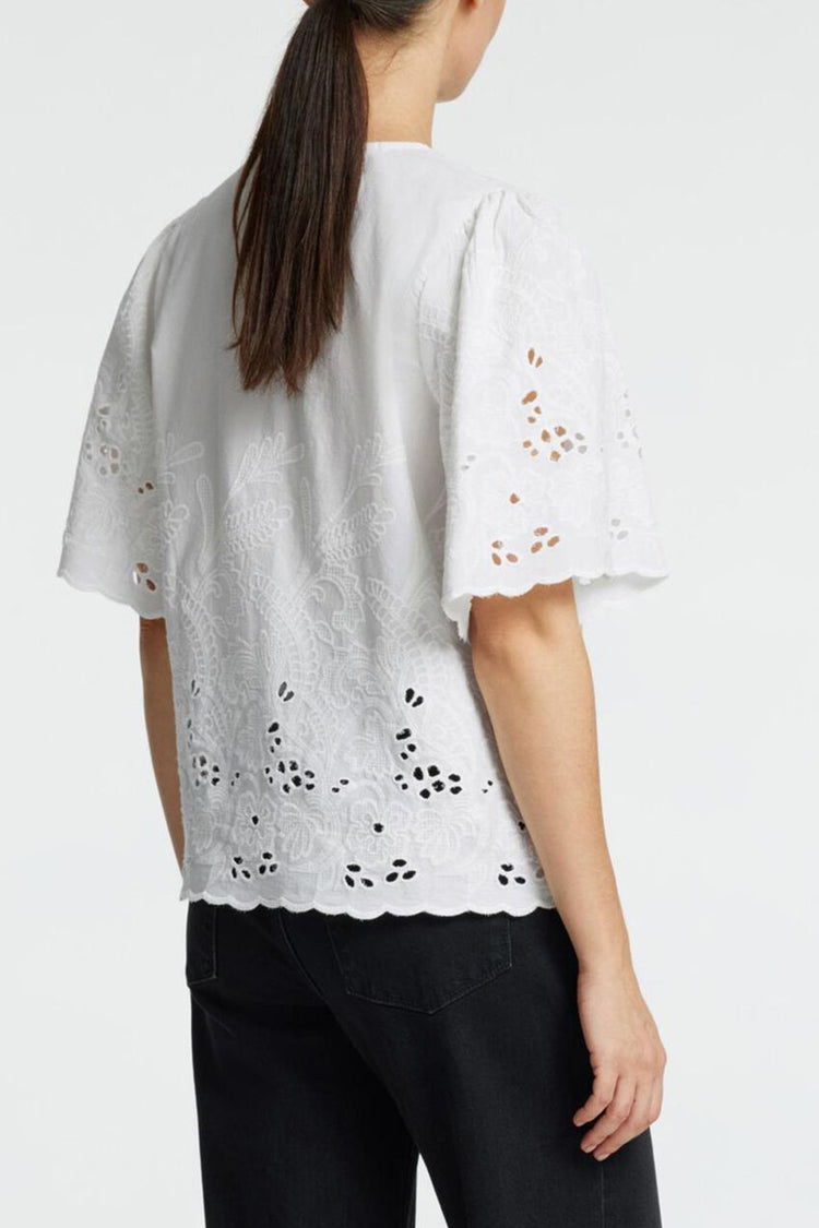White Dahlia Embroidered Short Sleeve Shirt