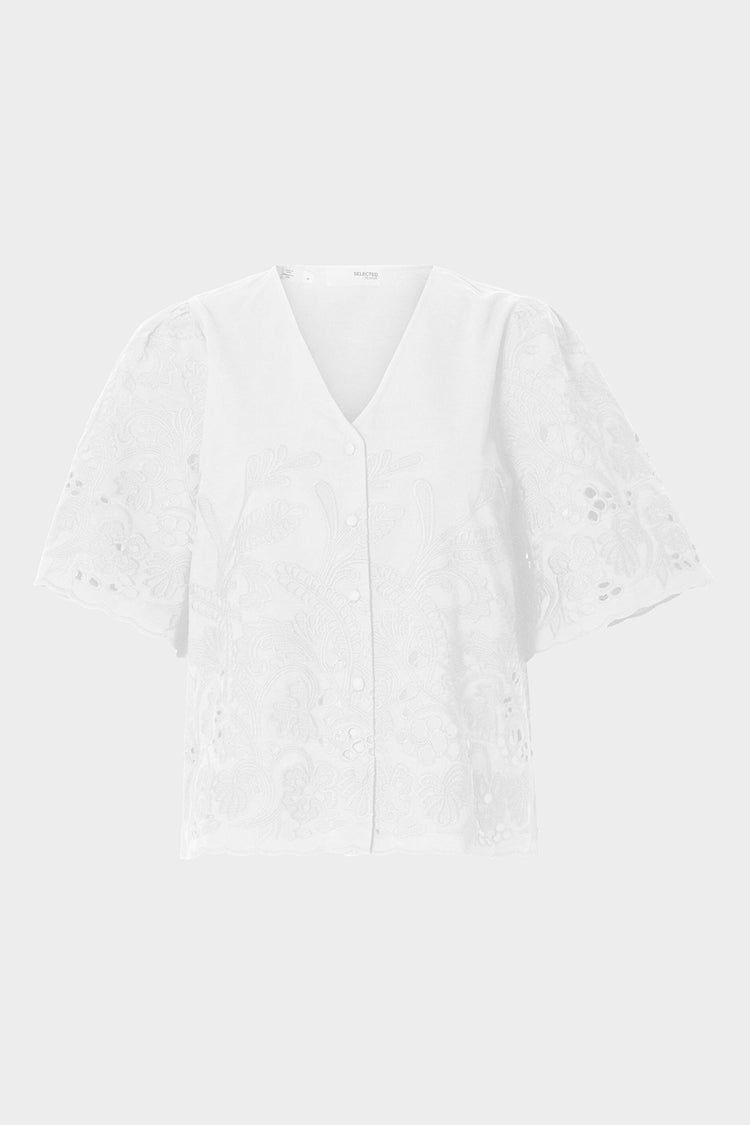 White Dahlia Embroidered Short Sleeve Shirt