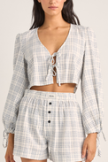 Rhythm Blue Desi Plaid Blouson Top 