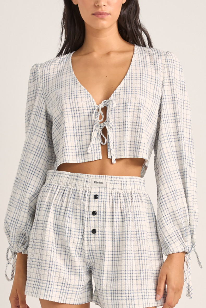 Rhythm Blue Desi Plaid Blouson Top 