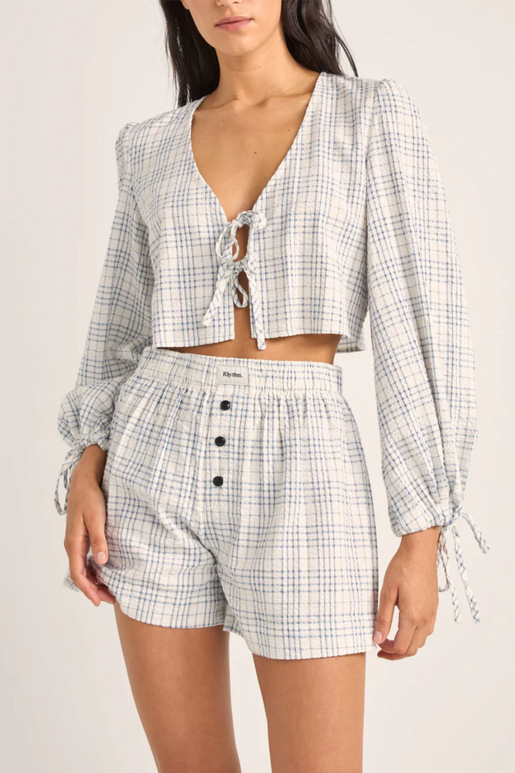 Rhythm Blue Desi Plaid Blouson Top 