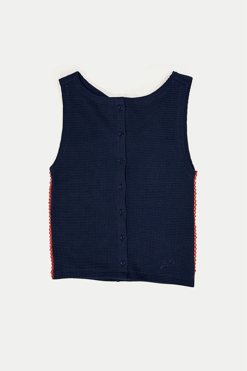 Damson Madder Navy Betsie Waffle Button Tank Top 