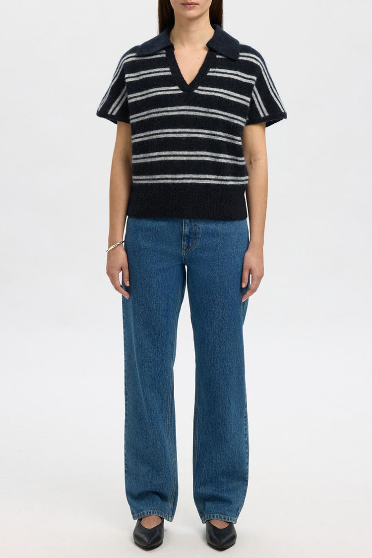 Selected Dark Sapphire Stripes Lulu Knit Polo Shirt 