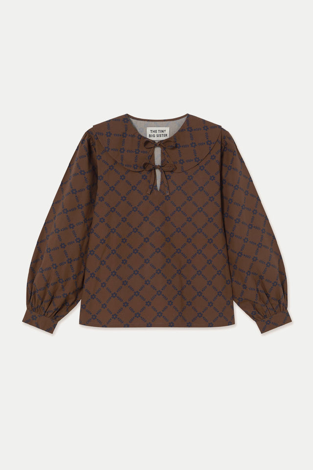 The Tiny Big Sister Chocolate Flowers Grid Tie Blouse 