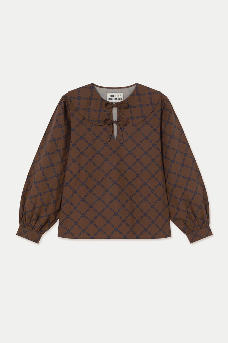 The Tiny Big Sister Chocolate Flowers Grid Tie Blouse 