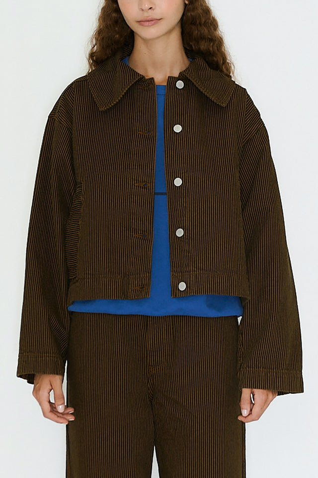 The Tiny Big Sister Navy Brown Boxy Striped Denim Jacket 