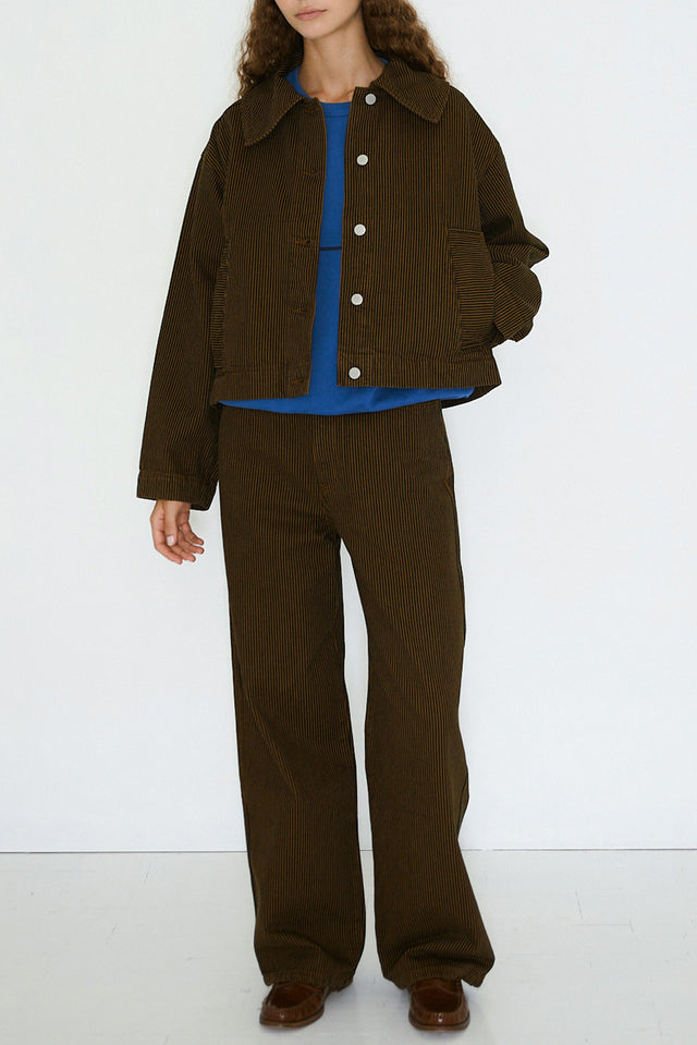 The Tiny Big Sister Navy Brown Boxy Striped Denim Jacket 