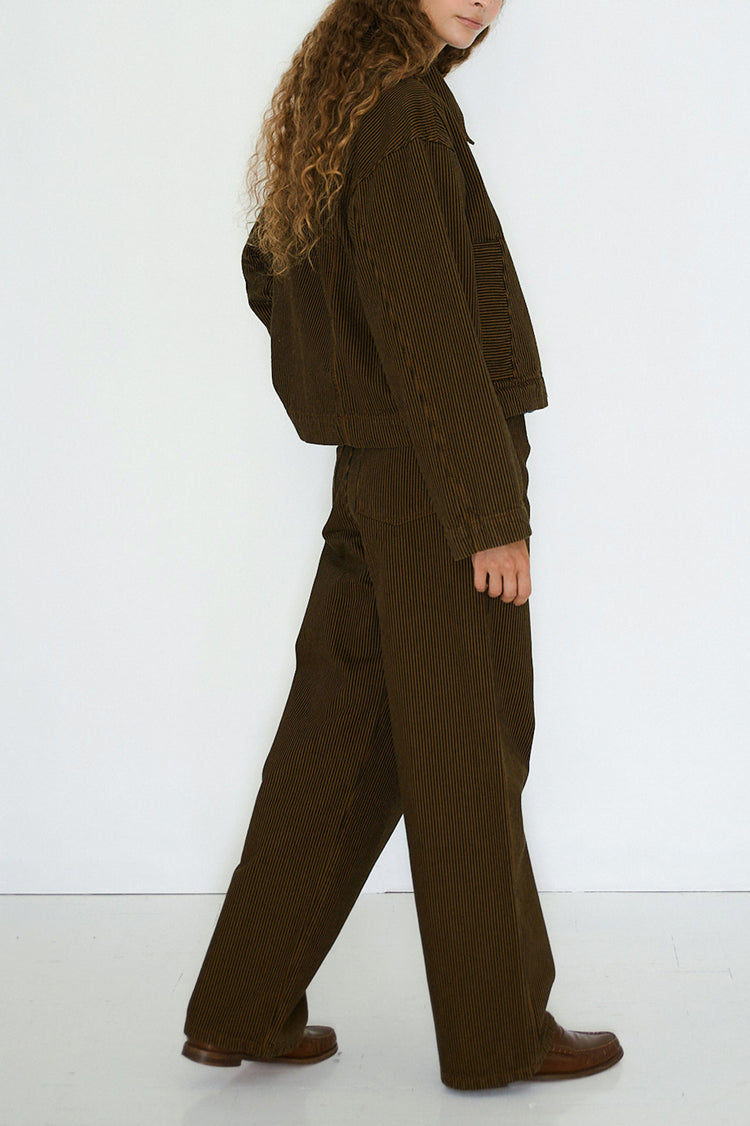 The Tiny Big Sister Navy Brown Boxy Striped Denim Jacket 