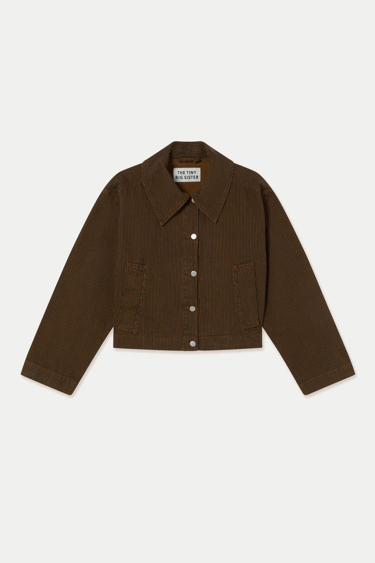 The Tiny Big Sister Navy Brown Boxy Striped Denim Jacket 