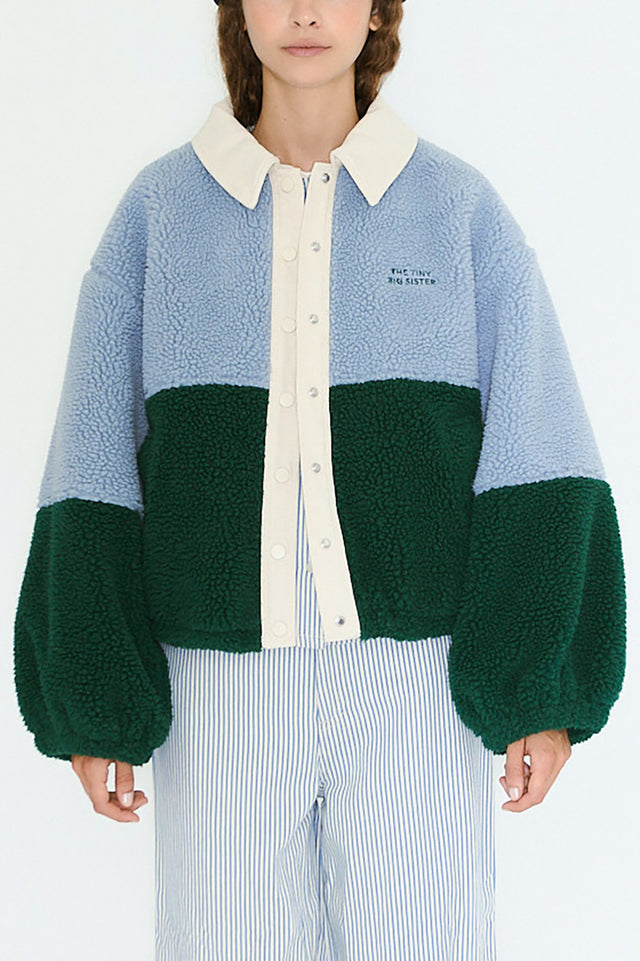 The Tiny Big Sister Washed Blue Dark Green Color Blocked Sherpa Jacket 