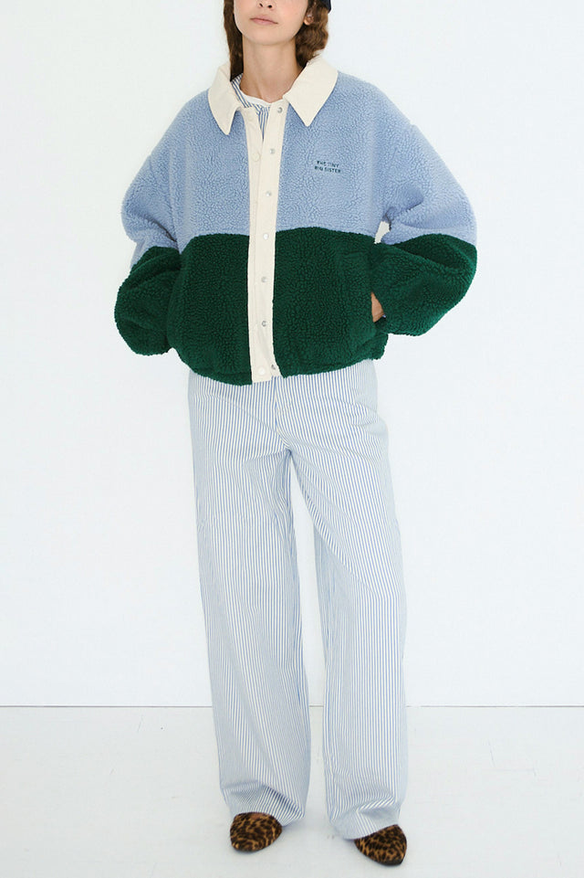 The Tiny Big Sister Washed Blue Dark Green Color Blocked Sherpa Jacket 