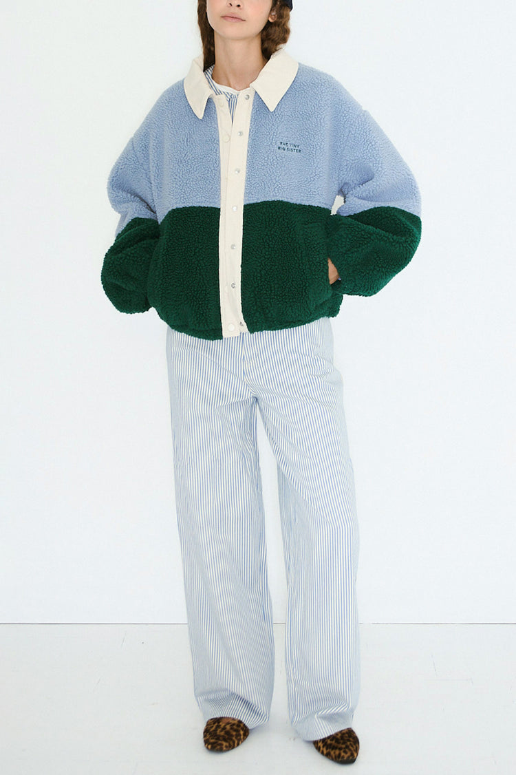 The Tiny Big Sister Washed Blue Dark Green Color Blocked Sherpa Jacket 