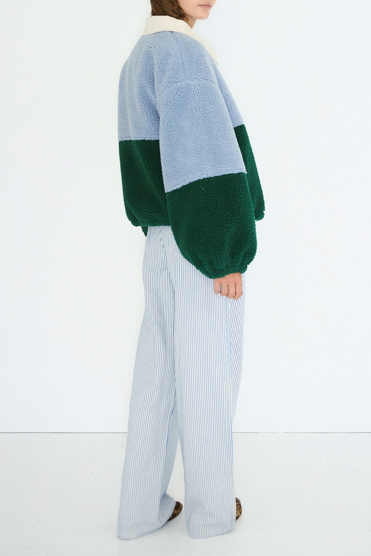 The Tiny Big Sister Washed Blue Dark Green Color Blocked Sherpa Jacket 