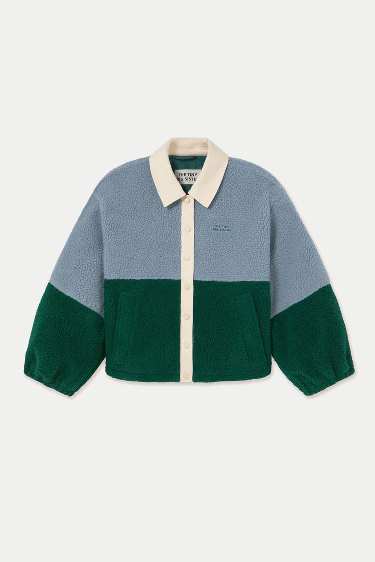 The Tiny Big Sister Washed Blue Dark Green Color Blocked Sherpa Jacket 