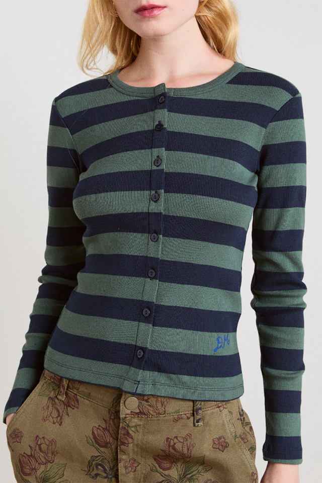 Damson Madder Green Navy Stripe Sybil Crew Cardigan 