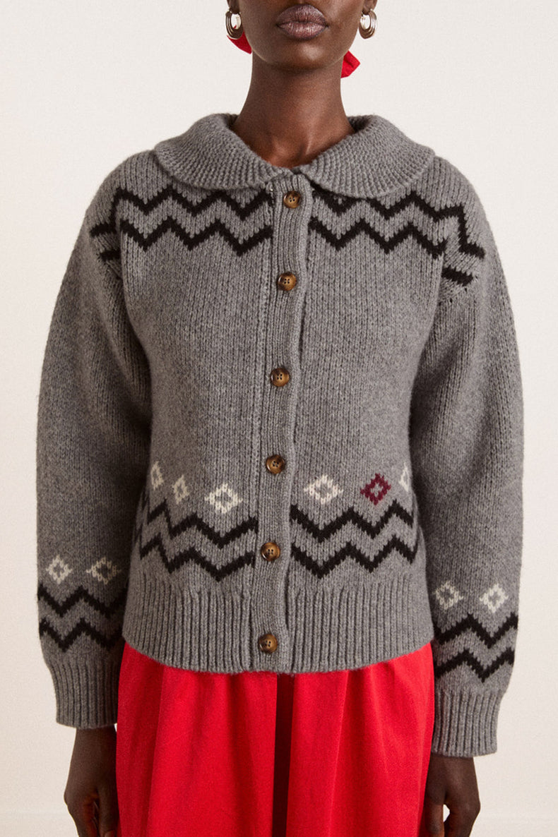 Damson Madder Grey Bunny Intarsia Cecily Collar Cardigan 