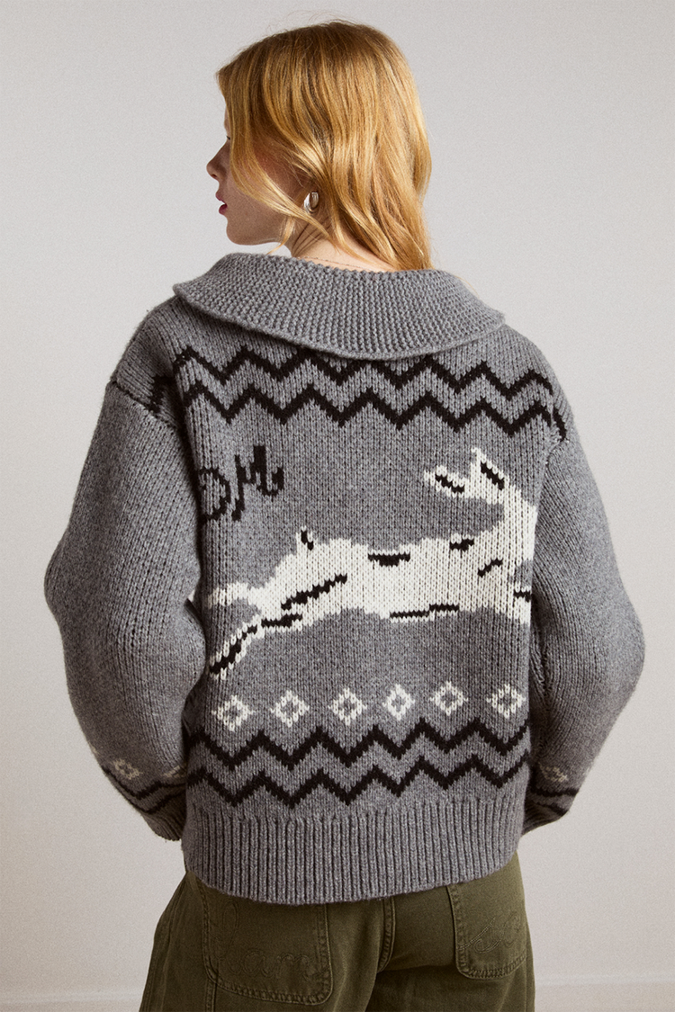 Damson Madder Grey Bunny Intarsia Cecily Collar Cardigan 