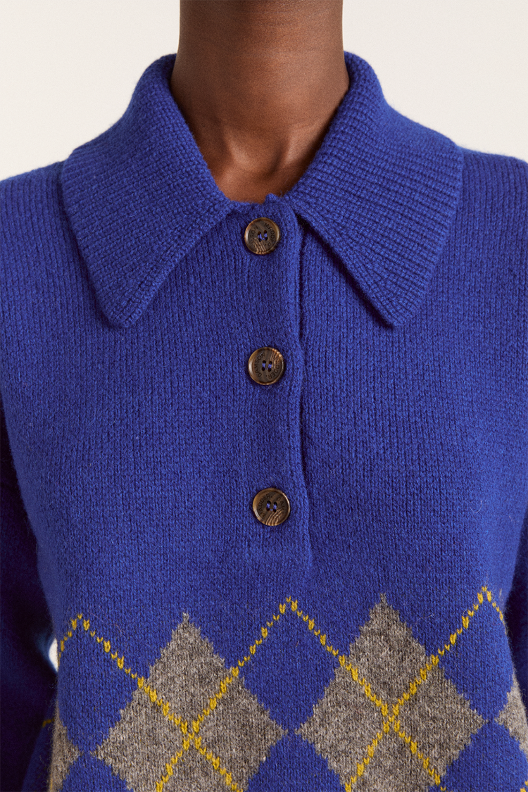 Damson Madder Cobalt Bold Argyle Saskia Slouchy Rugby Jumper 