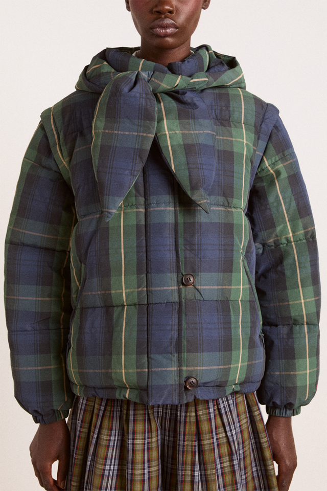 Damson Madder Multi Tan Pop Check Pearl Hooded Puffer Jacket 