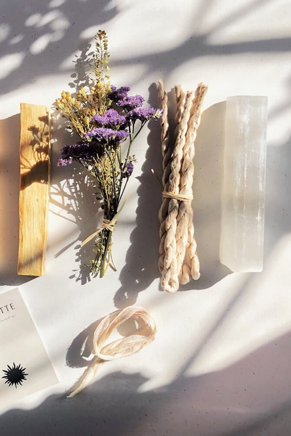 Palo Santo Selenite Incenses And Dried Flowers