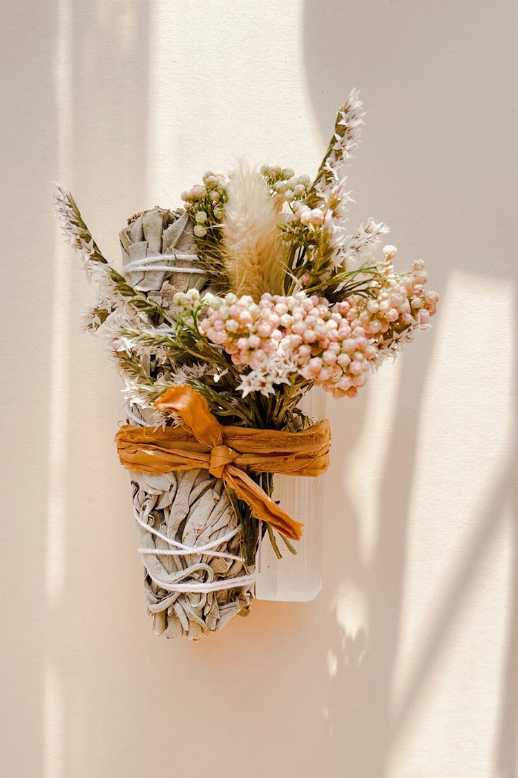 White Sage Selenite & Dried Flowers