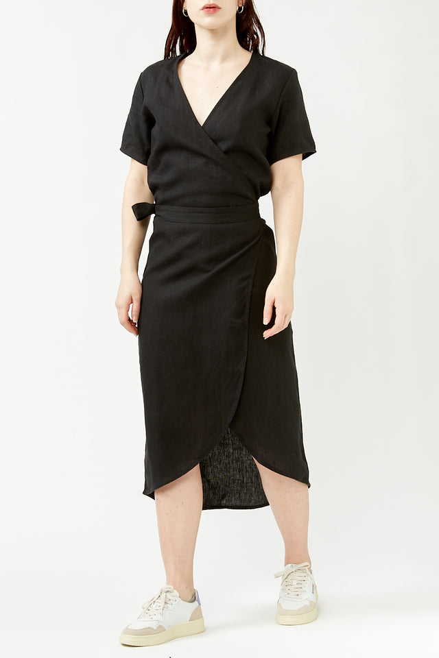 Black Jet Linen Wrap Dress