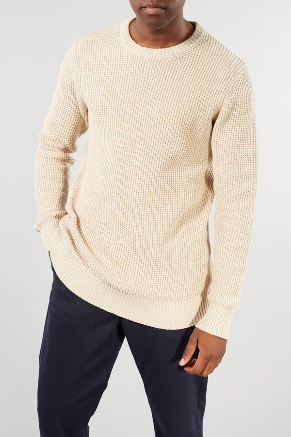 SELECTED HOMME OYSTER GREY NED CREW NECK WAFFLE JUMPER