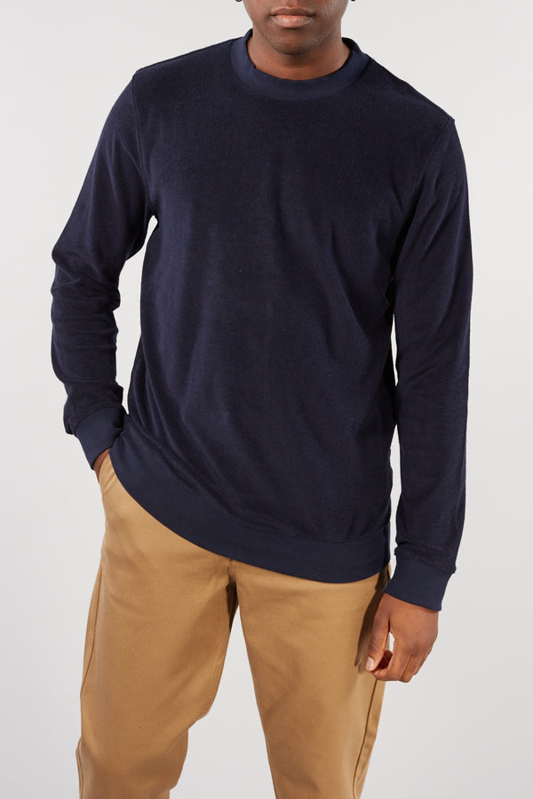 SELECTED HOMME NAVY TOWELLING CLEVE CREW NECK SWEATER